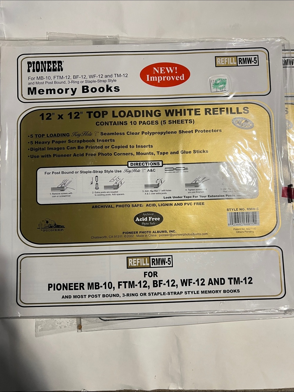 PIONEER White 12" x 12" Top Loading Refills RMW-5 new 5 pack